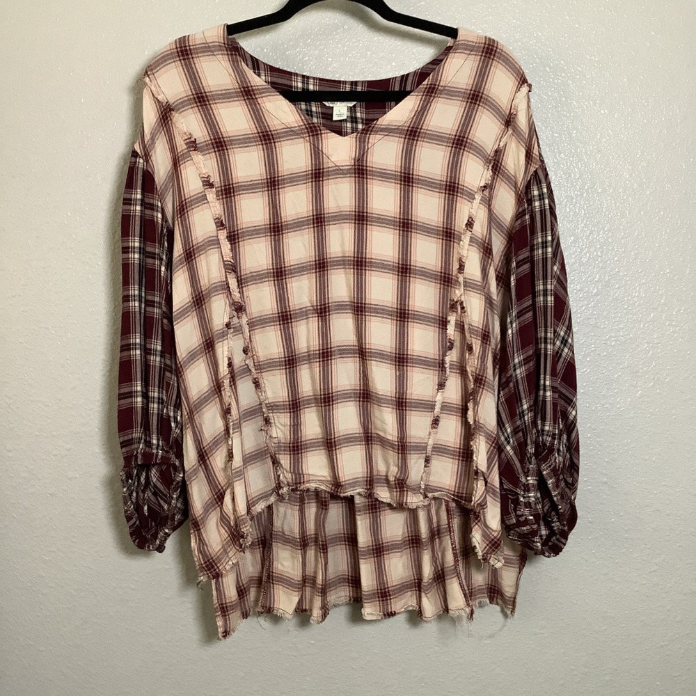Cream Red Plaid Tartan‎ Country Cowgirl Western Distressed Casual Peasant Blouse